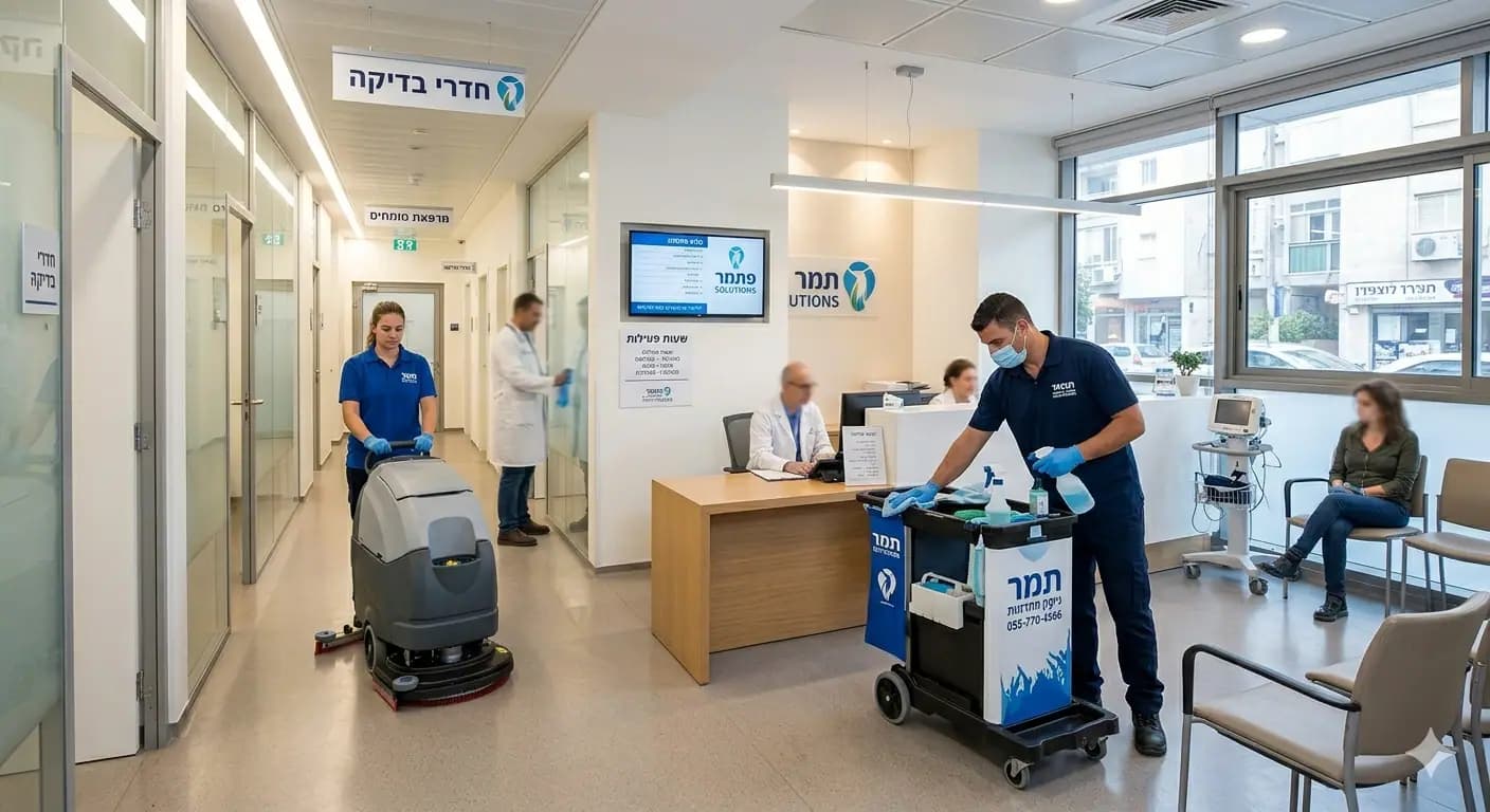 צוות ניקיון וחיטוי מקצועי של תמר פתרונות במרפאה מודרנית