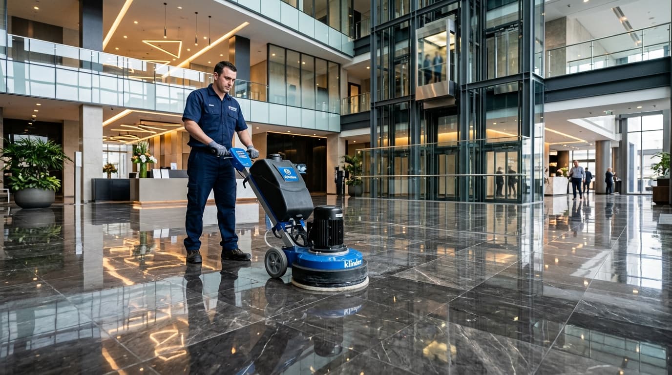 מכונת פוליש והברקה קריסטלית לרצפת שיש יוקרתית בלובי משרדים - תמר פתרונות